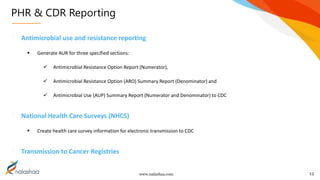 www.nalashaa.com
PHR & CDR Reporting
12
Antimicrobial use and resistance reporting
 Generate AUR for three specified sections:
 Antimicrobial Resistance Option Report (Numerator),
 Antimicrobial Resistance Option (ARO) Summary Report (Denominator) and
 Antimicrobial Use (AUP) Summary Report (Numerator and Denominator) to CDC
National Health Care Surveys (NHCS)
 Create health care survey information for electronic transmission to CDC
Transmission to Cancer Registries
 