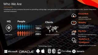 Who We Are
A Software services company focussed on providing cutting edge, next generation software technology solutions to ISVs, System Integrators
and End Customers.
New Jersey
HQ People
100+
New Jersey
200+
Bangalore
Clients
Spread across globally
Big Data
Analytics &
Intelligence
Mobility
Cloud/Web
Pull data from heterogeneous
data sources
Make sense of all these data
Extending applications to
mobile platforms
High availability
solutions using cloud
Technology Stack
 