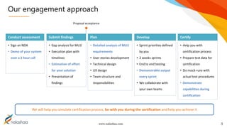 www.nalashaa.com
Our engagement approach
3
Conduct assessment Submit findings Plan Develop Certify
• Sign an NDA
• Demo of your system
over a 2 hour call
• Gap analysis for MU3
• Execution plan with
timelines
• Estimation of effort
for your solution
• Presentation of
findings
• Detailed analysis of MU3
requirements
• User stories development
• Technical design
• UX design
• Team structure and
responsibilities
• Sprint priorities defined
by you
• 2 weeks sprints
• End to end testing
• Demonstrable output
every sprint
• We collaborate with
your own teams
• Help you with
certification process
• Prepare test data for
certification
• Do mock-runs with
actual test procedures
• Demonstrate
capabilities during
certification
We will help you simulate certification process, be with you during the certification and help you achieve it
Proposal acceptance
 