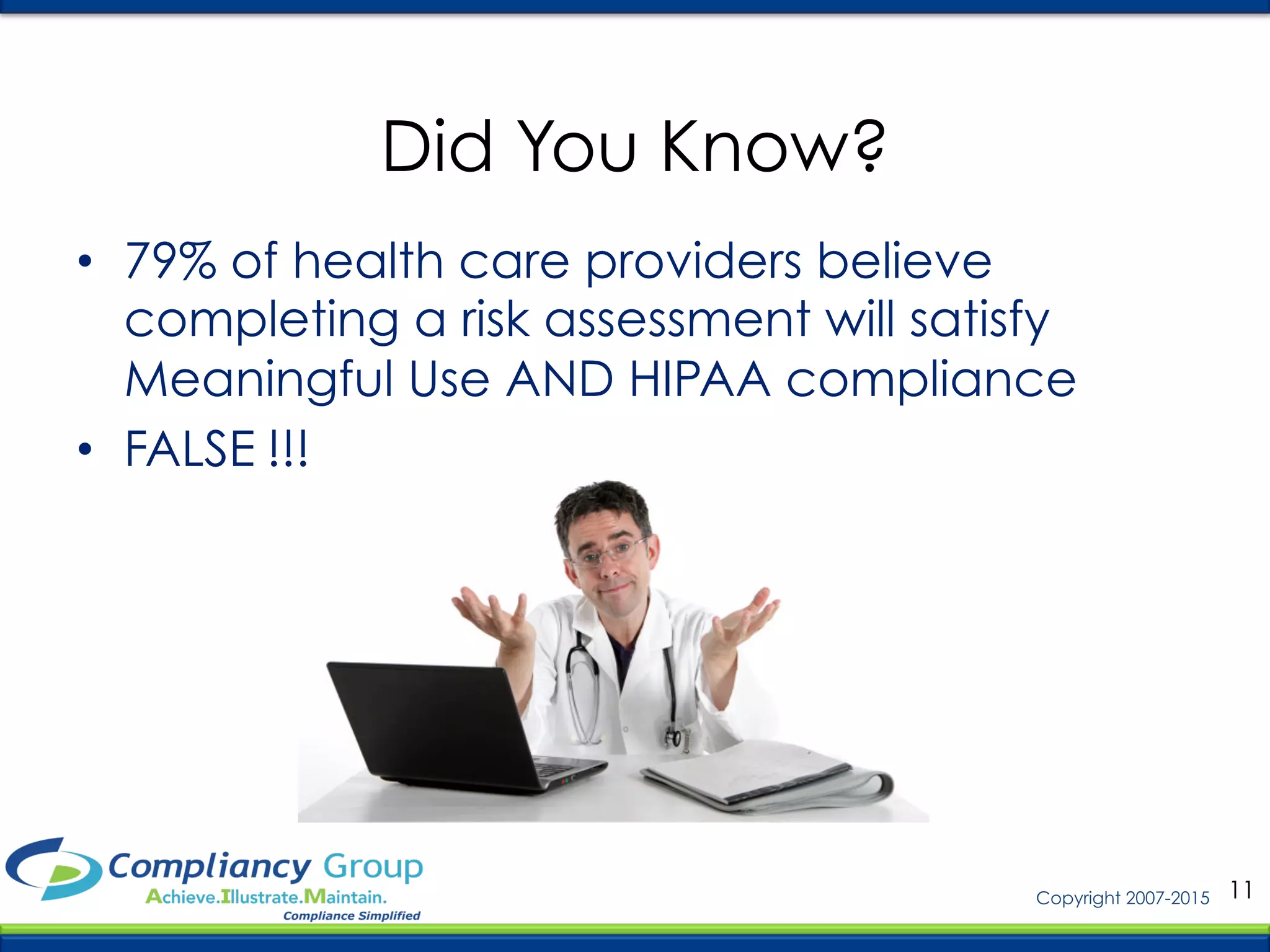 11Copyright 2007-2015
Did You Know?
•  79% of health care providers believe
completing a risk assessment will satisfy
Meaningful Use AND HIPAA compliance
•  FALSE !!!
 