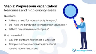 Step 1: Prepare your organization
Readiness and high-priority areas
How can we help:
● Call with our team, Worksheet & Che...