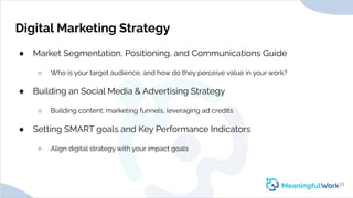 Digital Marketing Strategy
● Market Segmentation, Positioning, and Communications Guide
○ Who is your target audience, and...