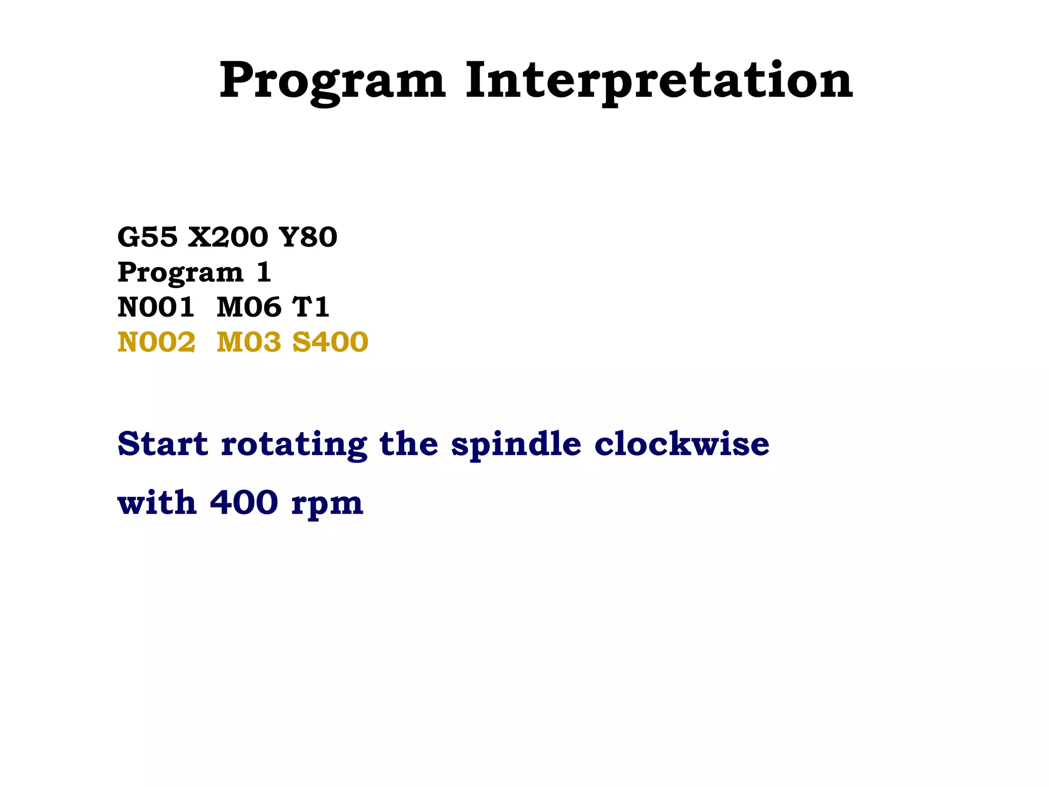 Program Interpretation
G55 X200 Y80
Program 1
N001 M06 T1
N002 M03 S400
Start rotating the spindle clockwise
with 400 rpm
 