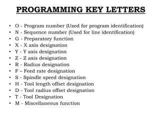 PROGRAMMING KEY LETTERS
• O - Program number (Used for program identification)
• N - Sequence number (Used for line identification)
• G - Preparatory function
• X - X axis designation
• Y - Y axis designation
• Z - Z axis designation
• R - Radius designation
• F – Feed rate designation
• S - Spindle speed designation
• H - Tool length offset designation
• D - Tool radius offset designation
• T - Tool Designation
• M - Miscellaneous function
 