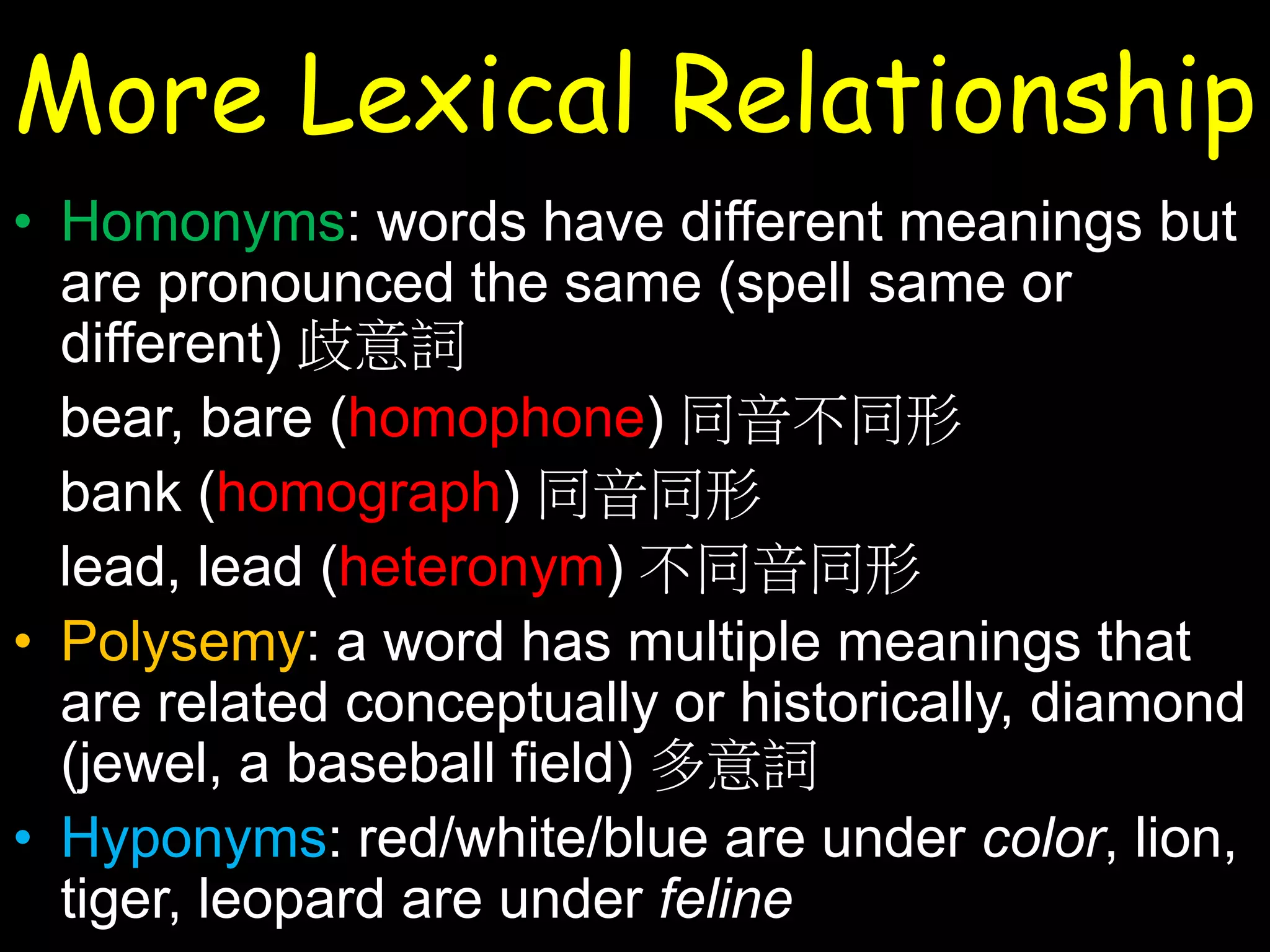 More Lexical Relationship
• Homonyms: words have different meanings but
are pronounced the same (spell same or
different) 歧意詞
bear, bare (homophone) 同音不同形
bank (homograph) 同音同形
lead, lead (heteronym) 不同音同形
• Polysemy: a word has multiple meanings that
are related conceptually or historically, diamond
(jewel, a baseball field) 多意詞
• Hyponyms: red/white/blue are under color, lion,
tiger, leopard are under feline

 