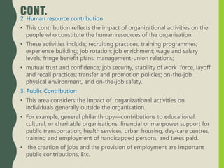 CONT.2. Human resource contribution
• This contribution reflects the impact of organizational activities on the
people who constitute the human resources of the organisation.
• These activities include; recruiting practices; training programmes;
experience building; job rotation; job enrichment; wage and salary
levels; fringe benefit plans; management-union relations;
• mutual trust and confidence; job security, stability of work force, layoff
and recall practices; transfer and promotion policies; on-the-job
physical environment, and on-the-job safety.
3. Public Contribution
• This area considers the impact of organizational activities on
individuals generally outside the organisation.
• For example, general philanthropy—contributions to educational,
cultural, or charitable organisations; financial or manpower support for
public transportation; health services, urban housing, day-care centres,
training and employment of handicapped persons; and taxes paid.
• the creation of jobs and the provision of employment are important
public contributions, Etc.
 