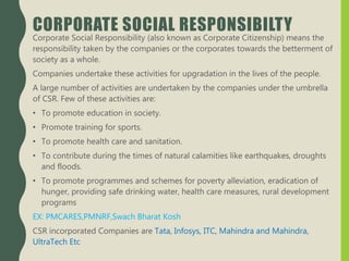 CORPORATE SOCIAL RESPONSIBILTY
Corporate Social Responsibility (also known as Corporate Citizenship) means the
responsibility taken by the companies or the corporates towards the betterment of
society as a whole.
Companies undertake these activities for upgradation in the lives of the people.
A large number of activities are undertaken by the companies under the umbrella
of CSR. Few of these activities are:
• To promote education in society.
• Promote training for sports.
• To promote health care and sanitation.
• To contribute during the times of natural calamities like earthquakes, droughts
and floods.
• To promote programmes and schemes for poverty alleviation, eradication of
hunger, providing safe drinking water, health care measures, rural development
programs
EX: PMCARES,PMNRF,Swach Bharat Kosh
CSR incorporated Companies are Tata, Infosys, ITC, Mahindra and Mahindra,
UltraTech Etc
 
