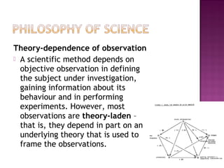 Theory-dependence of observation
 A scientific method depends on
objective observation in defining
the subject under investigation,
gaining information about its
behaviour and in performing
experiments. However, most
observations are theory-laden –
that is, they depend in part on an
underlying theory that is used to
frame the observations.
23
 