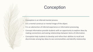 Conception
– Conception is an inferred mental process.
– It is a mental construct or mental image of the object.
– It is an abstraction of inferred experience or information processing.
– Concept information provide students with an opportunity to explore ideas by
making connections and seeing relationships between items of information.
– Conception help students to develop and refine their abilities to recall and
discriminate among key ideas to see commonalities and identify relationship
 