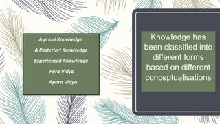 Knowledge has
been classified into
different forms
based on different
conceptualisations
A priori Knowledge
A Posteriori Knowledge
Experienced Knowledge
Para Vidya
Apara Vidya
 