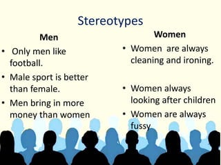 Stereotypes
Men
• Only men like
football.
• Male sport is better
than female.
• Men bring in more
money than women
Women
• Women are always
cleaning and ironing.
• Women always
looking after children
• Women are always
fussy
 