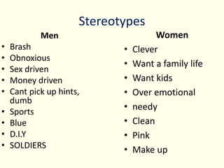 Stereotypes
Men
• Brash
• Obnoxious
• Sex driven
• Money driven
• Cant pick up hints,
dumb
• Sports
• Blue
• D.I.Y
• SOLDIERS
Women
• Clever
• Want a family life
• Want kids
• Over emotional
• needy
• Clean
• Pink
• Make up
 
