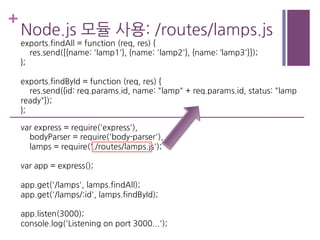 +
Node.js 모듈 사용: /routes/lamps.js
exports.findAll = function (req, res) {
res.send([{name: 'lamp1'}, {name: 'lamp2'}, {name: ‘lamp3'}]);
};
exports.findById = function (req, res) {
res.send({id: req.params.id, name: "lamp" + req.params.id, status: "lamp
ready"});
};
var express = require('express'),
bodyParser = require('body-parser'),
lamps = require('./routes/lamps.js');
var app = express();
app.get('/lamps', lamps.findAll);
app.get('/lamps/:id', lamps.findById);
app.listen(3000);
console.log('Listening on port 3000...');
 