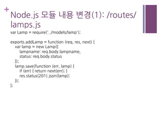 +
Node.js 모듈 내용 변경(1): /routes/
lamps.js
var Lamp = require('../models/lamp');
exports.addLamp = function (req, res, next) {
var lamp = new Lamp({
lampname: req.body.lampname,
status: req.body.status
});
lamp.save(function (err, lamp) {
if (err) { return next(err); }
res.status(201).json(lamp);
});
};
 