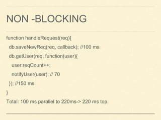 NON -BLOCKING
function handleRequest(req){
db.saveNewReq(req, callback); //100 ms
db.getUser(req, function(user){
user.reqCount++;
notifyUser(user); // 70
}); //150 ms
}
Total: 100 ms parallel to 220ms-> 220 ms top.
 