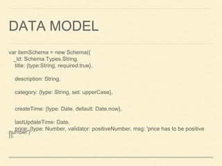 DATA MODEL
var itemSchema = new Schema({
_Id: Schema.Types.String,
title: {type:String, required:true},
description: String,
category: {type: String, set: upperCase},
createTime: {type: Date, default: Date.now},
lastUpdateTime: Date,
price: {type: Number, validator: positiveNumber, msg: 'price has to be positive
number'}
});
 
