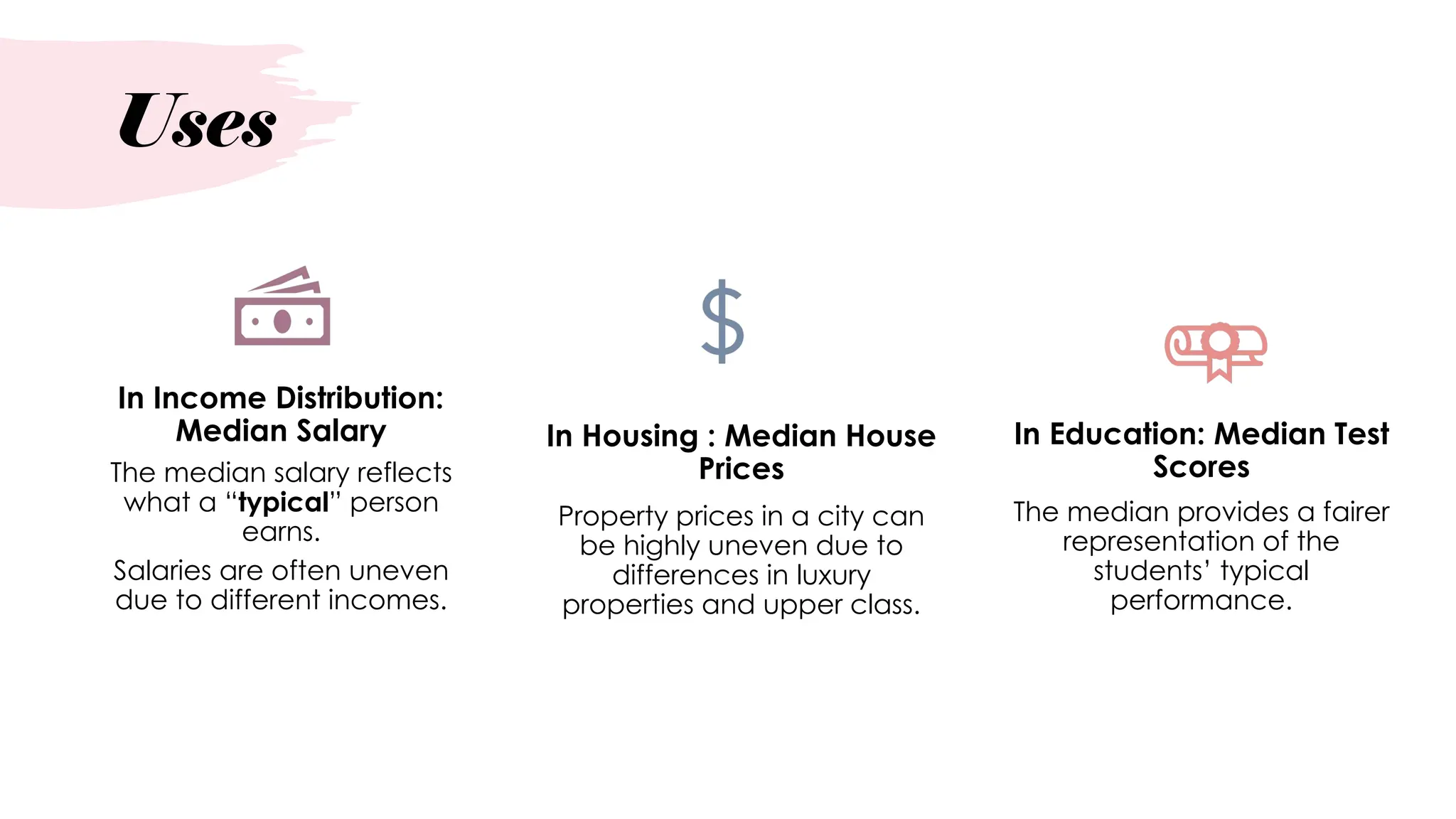 Uses
In Income Distribution:
Median Salary
The median salary reflects
what a “typical” person
earns.
Salaries are often uneven
due to different incomes.
In Housing : Median House
Prices
Property prices in a city can
be highly uneven due to
differences in luxury
properties and upper class.
In Education: Median Test
Scores
The median provides a fairer
representation of the
students’ typical
performance.
 