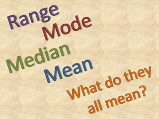 Range Mode Median Mean What do they  all mean? 