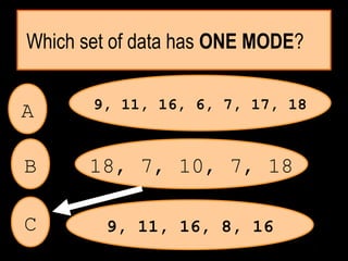 Which set of data has ONE MODE?
9, 11, 16, 8, 16
9, 11, 16, 6, 7, 17, 18
18, 7, 10, 7, 18
A
C
B
 