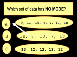 Which set of data has NO MODE?
13, 12, 12, 11, 12
9, 11, 16, 6, 7, 17, 18
18, 7, 10, 7, 18
A
C
B
 