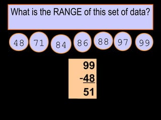 What is the RANGE of this set of data?
8471 88 9948 9786
99
-48
51
 