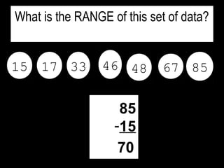 What is the RANGE of this set of data?
85
-15
70
33 67 8517 4815 46
 