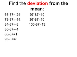 Find the deviation from the
mean:
63-87=-24 97-87=10
73-87=-14 97-87=10
84-87=-3 100-87=13
86-87=-1
88-87=1
95-87=8
 
