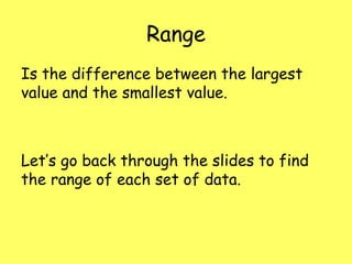 Range
Is the difference between the largest
value and the smallest value.
Let’s go back through the slides to find
the range of each set of data.
 