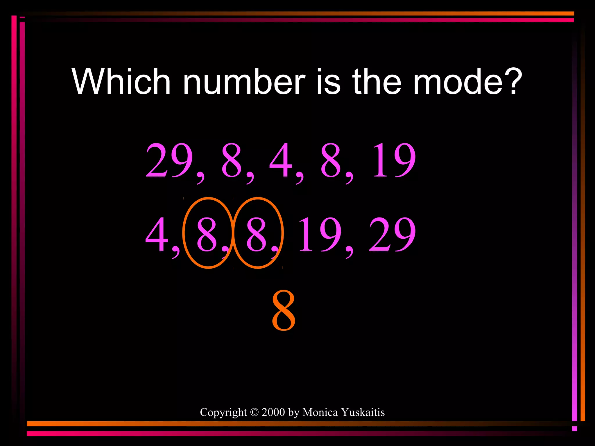 Which number is the mode?

29, 8, 4, 8, 19
4, 8, 8, 19, 29

8
Copyright © 2000 by Monica Yuskaitis

 