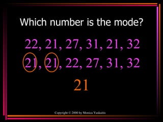 Which number is the mode? Copyright  ©  2000  by Monica Yuskaitis 22, 21, 27, 31, 21, 32  21 21, 21, 22, 27, 31, 32 