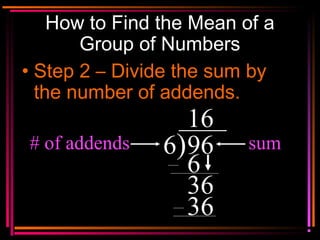 Copyright © 2000 by
Monica Yuskaitis
How to Find the Mean of a
Group of Numbers
• Step 2 – Divide the sum by
the number of addends.
6)96 sum# of addends
1
6
36
6
63
 