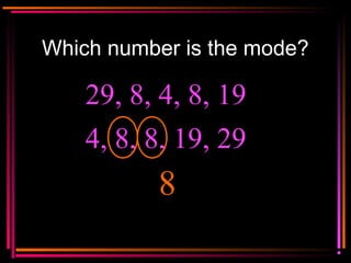 Copyright © 2000 by
Monica Yuskaitis
Which number is the mode?
29, 8, 4, 8, 19
8
4, 8, 8, 19, 29
 