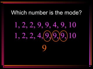 Copyright © 2000 by
Monica Yuskaitis
Which number is the mode?
1, 2, 2, 9, 9, 4, 9, 10
9
1, 2, 2, 4, 9, 9, 9, 10
 