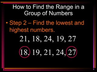 Copyright © 2000 by
Monica Yuskaitis
How to Find the Range in a
Group of Numbers
• Step 2 – Find the lowest and
highest numbers.
21, 18, 24, 19, 27
18, 19, 21, 24, 27
 