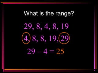 Copyright © 2000 by
Monica Yuskaitis
What is the range?
29, 8, 4, 8, 19
29 – 4 = 25
4, 8, 8, 19, 29
 