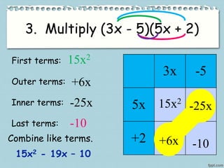 3. Multiply (3x - 5)(5x + 2)
First terms:
Outer terms:
Inner terms:
Last terms:
15x2
+6x
-25x
-10
15x2
-10
-25x
+6xCombine like terms.
15x2 - 19x – 10
 