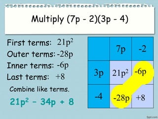 Multiply (7p - 2)(3p - 4)
First terms:
Outer terms:
Inner terms:
Last terms:
21p2
-28p
-6p
+8 21p2
+8-28p
-6p
Combine like terms.
21p2 – 34p + 8
 