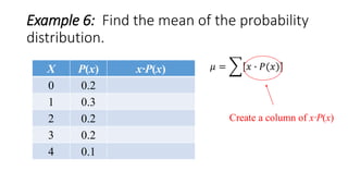 Example 6: Find the mean of the probability
distribution.
X P(x) x∙P(x)
0 0.2
1 0.3
2 0.2
3 0.2
4 0.1
𝜇 = 𝑥 ∙ 𝑃(𝑥)
Create a column of x∙P(x)
 