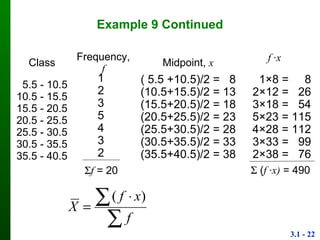 3.1 - 22
Example 9 Continued
Class Frequency, f Midpoint, x
5.5 - 10.5
10.5 - 15.5
15.5 - 20.5
20.5 - 25.5
25.5 - 30.5
30.5 - 35.5
35.5 - 40.5
1
2
3
5
4
3
2
( 5.5 +10.5)/2 = 8
(10.5+15.5)/2 = 13
(15.5+20.5)/2 = 18
(20.5+25.5)/2 = 23
(25.5+30.5)/2 = 28
(30.5+35.5)/2 = 33
(35.5+40.5)/2 = 38
f = 20
1×8 = 8
2×12 = 26
3×18 = 54
5×23 = 115
4×28 = 112
3×33 = 99
2×38 = 76
f ·x
 (f ·x) = 490

 

f
xf
X
)(
 