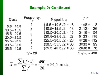 3.1 - 24
Example 9: Continued
Class Frequency, f Midpoint, x
5.5 - 10.5
10.5 - 15.5
15.5 - 20.5
20.5 - 25.5
25.5 - 30.5
30.5 - 35.5
35.5 - 40.5
1
2
3
5
4
3
2
( 5.5 +10.5)/2 = 8
(10.5+15.5)/2 = 13
(15.5+20.5)/2 = 18
(20.5+25.5)/2 = 23
(25.5+30.5)/2 = 28
(30.5+35.5)/2 = 33
(35.5+40.5)/2 = 38
f = 20
1×8 = 8
2×12 = 26
3×18 = 54
5×23 = 115
4×28 = 112
3×33 = 99
2×38 = 76
f ·x
 (f ·x) = 490
5.24
20
490)(





f
xf
X miles
 