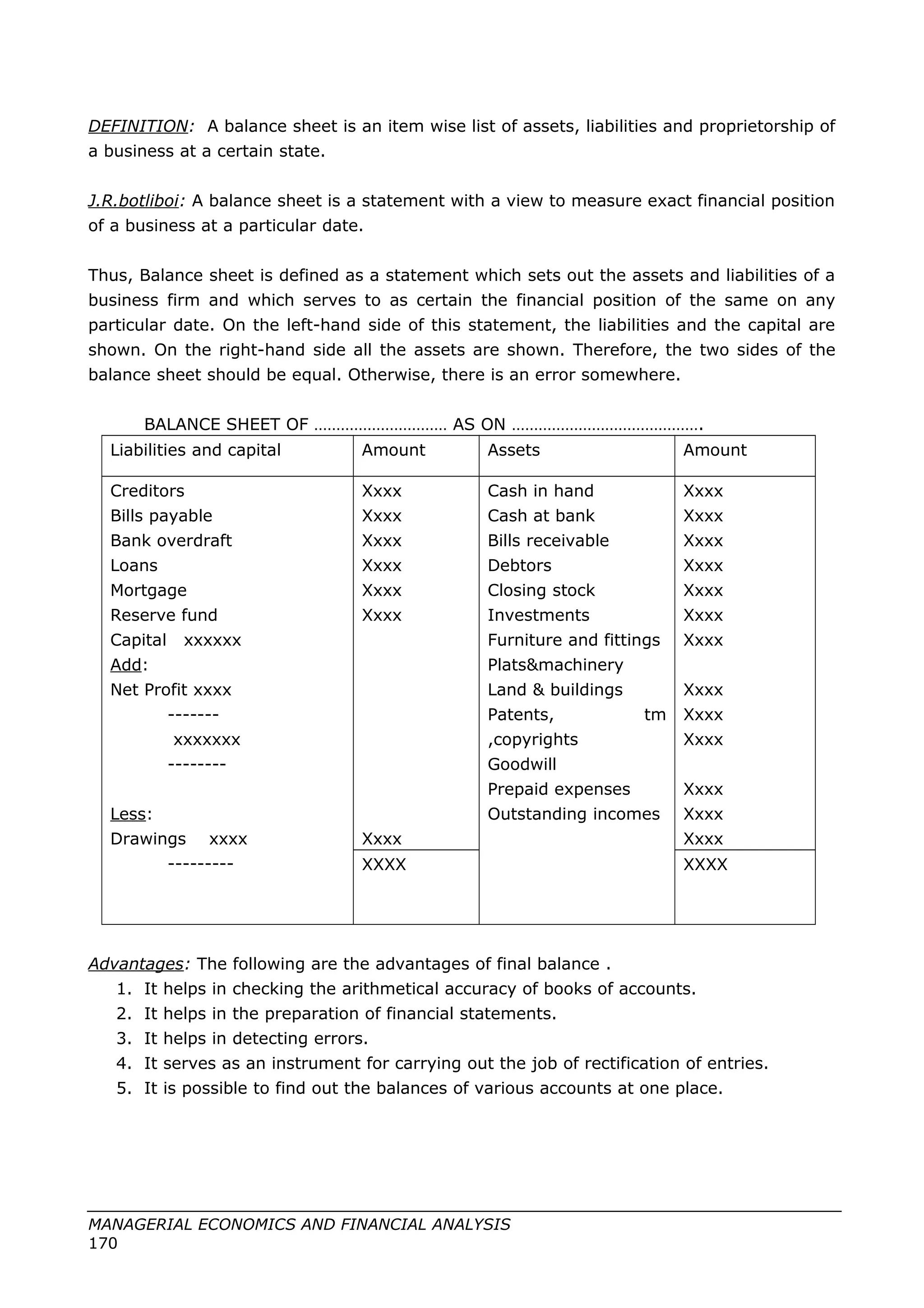 DEFINITION: A balance sheet is an item wise list of assets, liabilities and proprietorship of
a business at a certain state.
J.R.botliboi: A balance sheet is a statement with a view to measure exact financial position
of a business at a particular date.
Thus, Balance sheet is defined as a statement which sets out the assets and liabilities of a
business firm and which serves to as certain the financial position of the same on any
particular date. On the left-hand side of this statement, the liabilities and the capital are
shown. On the right-hand side all the assets are shown. Therefore, the two sides of the
balance sheet should be equal. Otherwise, there is an error somewhere.
BALANCE SHEET OF ………………………… AS ON …………………………………….
Liabilities and capital Amount Assets Amount
Creditors
Bills payable
Bank overdraft
Loans
Mortgage
Reserve fund
Capital xxxxxx
Add:
Net Profit xxxx
-------
xxxxxxx
--------
Less:
Drawings xxxx
---------
Xxxx
Xxxx
Xxxx
Xxxx
Xxxx
Xxxx
Xxxx
Cash in hand
Cash at bank
Bills receivable
Debtors
Closing stock
Investments
Furniture and fittings
Plats&machinery
Land & buildings
Patents, tm
,copyrights
Goodwill
Prepaid expenses
Outstanding incomes
Xxxx
Xxxx
Xxxx
Xxxx
Xxxx
Xxxx
Xxxx
Xxxx
Xxxx
Xxxx
Xxxx
Xxxx
Xxxx
XXXX XXXX
Advantages: The following are the advantages of final balance .
1. It helps in checking the arithmetical accuracy of books of accounts.
2. It helps in the preparation of financial statements.
3. It helps in detecting errors.
4. It serves as an instrument for carrying out the job of rectification of entries.
5. It is possible to find out the balances of various accounts at one place.
MANAGERIAL ECONOMICS AND FINANCIAL ANALYSIS
170
 
