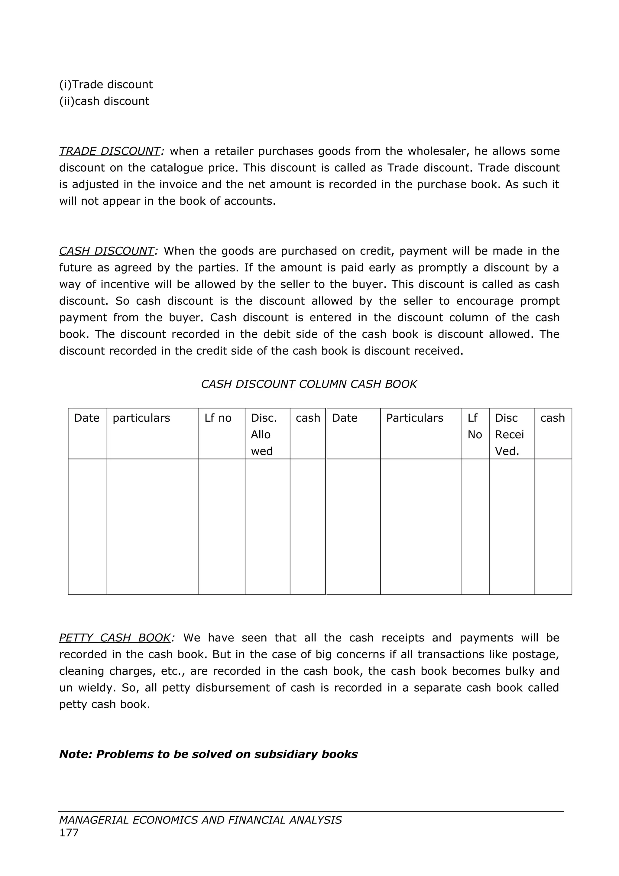 (i)Trade discount
(ii)cash discount
TRADE DISCOUNT: when a retailer purchases goods from the wholesaler, he allows some
discount on the catalogue price. This discount is called as Trade discount. Trade discount
is adjusted in the invoice and the net amount is recorded in the purchase book. As such it
will not appear in the book of accounts.
CASH DISCOUNT: When the goods are purchased on credit, payment will be made in the
future as agreed by the parties. If the amount is paid early as promptly a discount by a
way of incentive will be allowed by the seller to the buyer. This discount is called as cash
discount. So cash discount is the discount allowed by the seller to encourage prompt
payment from the buyer. Cash discount is entered in the discount column of the cash
book. The discount recorded in the debit side of the cash book is discount allowed. The
discount recorded in the credit side of the cash book is discount received.
CASH DISCOUNT COLUMN CASH BOOK
Date particulars Lf no Disc.
Allo
wed
cash Date Particulars Lf
No
Disc
Recei
Ved.
cash
PETTY CASH BOOK: We have seen that all the cash receipts and payments will be
recorded in the cash book. But in the case of big concerns if all transactions like postage,
cleaning charges, etc., are recorded in the cash book, the cash book becomes bulky and
un wieldy. So, all petty disbursement of cash is recorded in a separate cash book called
petty cash book.
Note: Problems to be solved on subsidiary books
MANAGERIAL ECONOMICS AND FINANCIAL ANALYSIS
177
 