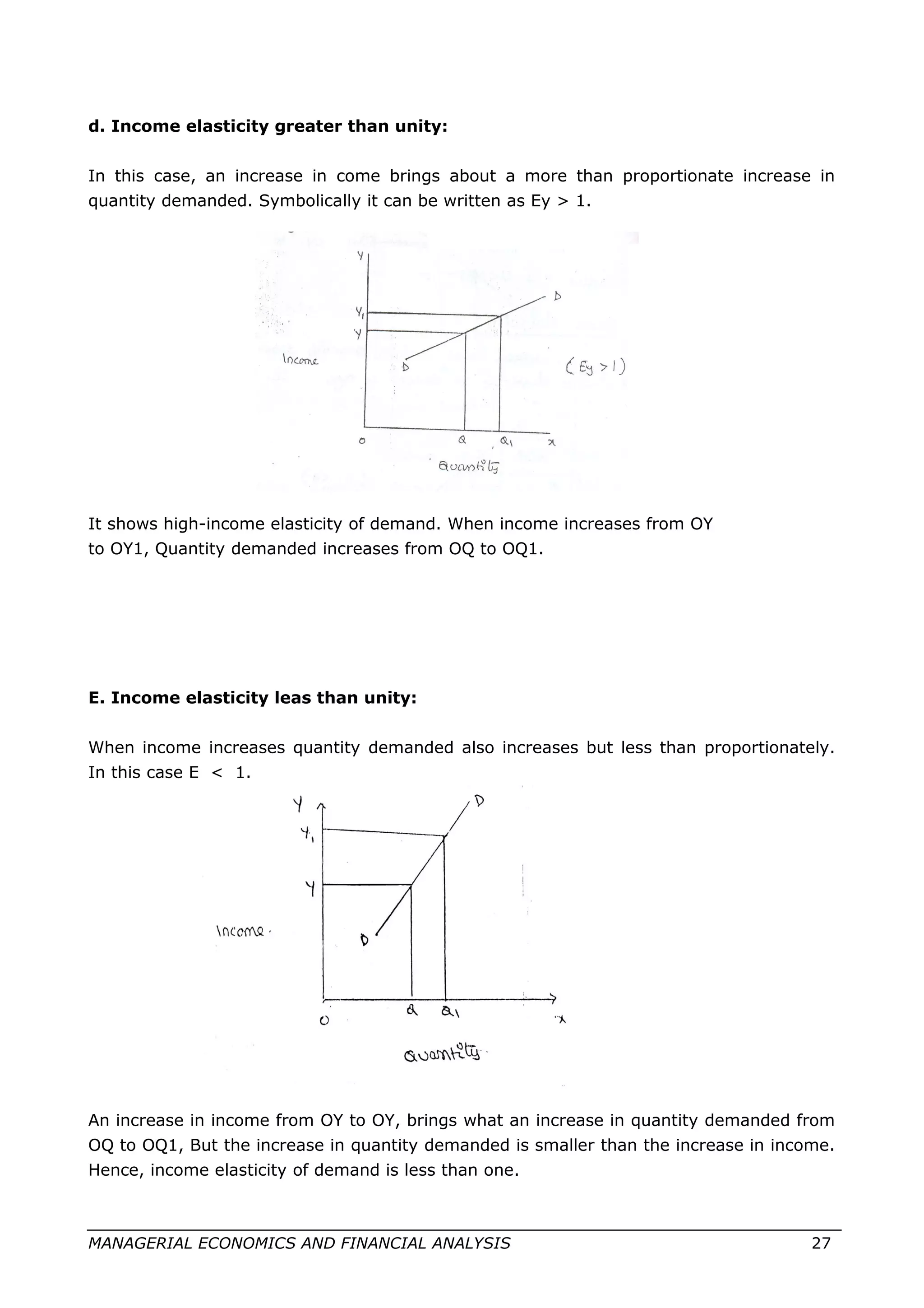 d. Income elasticity greater than unity:
In this case, an increase in come brings about a more than proportionate increase in
quantity demanded. Symbolically it can be written as Ey > 1.
It shows high-income elasticity of demand. When income increases from OY
to OY1, Quantity demanded increases from OQ to OQ1.
E. Income elasticity leas than unity:
When income increases quantity demanded also increases but less than proportionately.
In this case E < 1.
An increase in income from OY to OY, brings what an increase in quantity demanded from
OQ to OQ1, But the increase in quantity demanded is smaller than the increase in income.
Hence, income elasticity of demand is less than one.
MANAGERIAL ECONOMICS AND FINANCIAL ANALYSIS 27
 