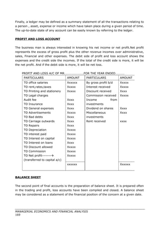 Finally, a ledger may be defined as a summary statement of all the transactions relating to
a person , asset, expense or income which have taken place during a given period of time.
The up-to-date state of any account can be easily known by referring to the ledger.
PROFIT AND LOSS ACCOUNT
The business man is always interested in knowing his net income or net profit.Net profit
represents the excess of gross profit plus the other revenue incomes over administrative,
sales, Financial and other expenses. The debit side of profit and loss account shows the
expenses and the credit side the incomes. If the total of the credit side is more, it will be
the net profit. And if the debit side is more, it will be net loss.
PROFIT AND LOSS A/C OF MR…………………….FOR THE YEAR ENDED…………
PARTICULARS AMOUNT PARTICULARS AMOUNT
TO office salaries
TO rent,rates,taxes
TO Printing and stationery
TO Legal charges
Audit fee
TO Insurance
TO General expenses
TO Advertisements
TO Bad debts
TO Carriage outwards
TO Repairs
TO Depreciation
TO interest paid
TO Interest on capital
TO Interest on loans
TO Discount allowed
TO Commission
TO Net profit-------
(transferred to capital a/c)
Xxxxxx
Xxxxx
Xxxxx
Xxxx
Xxxx
Xxxx
Xxxxx
Xxxx
Xxxx
Xxxx
Xxxxx
Xxxxx
Xxxxx
Xxxx
Xxxxx
Xxxxx
Xxxxx
By gross profit b/d
Interest received
Discount received
Commission received
Income from
investments
Dividend on shares
Miscellaneous
investments
Rent received
Xxxxx
Xxxxx
Xxxx
Xxxxx
Xxxx
Xxxx
xxxx
xxxxxx Xxxxxx
BALANCE SHEET
The second point of final accounts is the preparation of balance sheet. It is prepared often
in the trading and profit, loss accounts have been compiled and closed. A balance sheet
may be considered as a statement of the financial position of the concern at a given date.
MANAGERIAL ECONOMICS AND FINANCIAL ANALYSIS
169
 
