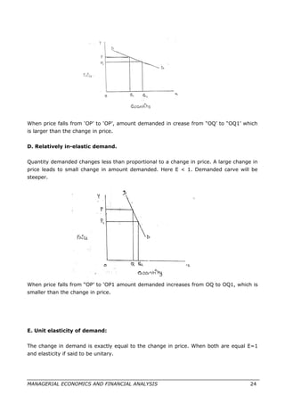 When price falls from ‘OP’ to ‘OP’, amount demanded in crease from “OQ’ to “OQ1’ which
is larger than the change in price.
D. Relatively in-elastic demand.
Quantity demanded changes less than proportional to a change in price. A large change in
price leads to small change in amount demanded. Here E < 1. Demanded carve will be
steeper.
When price falls from “OP’ to ‘OP1 amount demanded increases from OQ to OQ1, which is
smaller than the change in price.
E. Unit elasticity of demand:
The change in demand is exactly equal to the change in price. When both are equal E=1
and elasticity if said to be unitary.
MANAGERIAL ECONOMICS AND FINANCIAL ANALYSIS 24
 