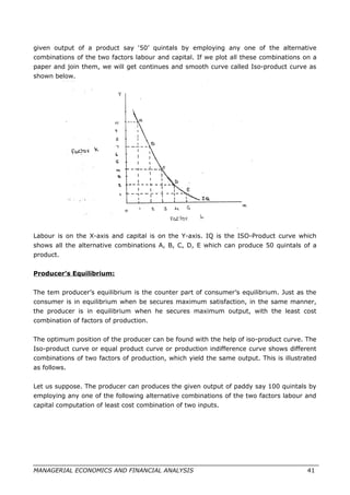 given output of a product say ‘50’ quintals by employing any one of the alternative
combinations of the two factors labour and capital. If we plot all these combinations on a
paper and join them, we will get continues and smooth curve called Iso-product curve as
shown below.
Labour is on the X-axis and capital is on the Y-axis. IQ is the ISO-Product curve which
shows all the alternative combinations A, B, C, D, E which can produce 50 quintals of a
product.
Producer’s Equilibrium:
The tem producer’s equilibrium is the counter part of consumer’s equilibrium. Just as the
consumer is in equilibrium when be secures maximum satisfaction, in the same manner,
the producer is in equilibrium when he secures maximum output, with the least cost
combination of factors of production.
The optimum position of the producer can be found with the help of iso-product curve. The
Iso-product curve or equal product curve or production indifference curve shows different
combinations of two factors of production, which yield the same output. This is illustrated
as follows.
Let us suppose. The producer can produces the given output of paddy say 100 quintals by
employing any one of the following alternative combinations of the two factors labour and
capital computation of least cost combination of two inputs.
MANAGERIAL ECONOMICS AND FINANCIAL ANALYSIS 41
 