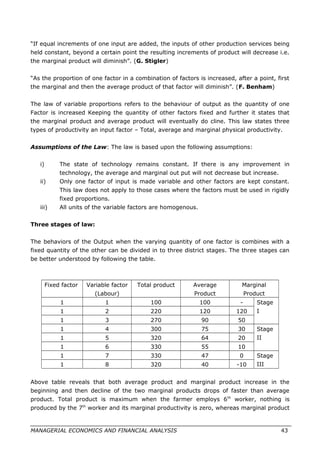 “If equal increments of one input are added, the inputs of other production services being
held constant, beyond a certain point the resulting increments of product will decrease i.e.
the marginal product will diminish”. (G. Stigler)
“As the proportion of one factor in a combination of factors is increased, after a point, first
the marginal and then the average product of that factor will diminish”. (F. Benham)
The law of variable proportions refers to the behaviour of output as the quantity of one
Factor is increased Keeping the quantity of other factors fixed and further it states that
the marginal product and average product will eventually do cline. This law states three
types of productivity an input factor – Total, average and marginal physical productivity.
Assumptions of the Law: The law is based upon the following assumptions:
i) The state of technology remains constant. If there is any improvement in
technology, the average and marginal out put will not decrease but increase.
ii) Only one factor of input is made variable and other factors are kept constant.
This law does not apply to those cases where the factors must be used in rigidly
fixed proportions.
iii) All units of the variable factors are homogenous.
Three stages of law:
The behaviors of the Output when the varying quantity of one factor is combines with a
fixed quantity of the other can be divided in to three district stages. The three stages can
be better understood by following the table.
Fixed factor Variable factor
(Labour)
Total product Average
Product
Marginal
Product
1 1 100 100 - Stage
I1 2 220 120 120
1 3 270 90 50
1 4 300 75 30 Stage
II1 5 320 64 20
1 6 330 55 10
1 7 330 47 0 Stage
III1 8 320 40 -10
Above table reveals that both average product and marginal product increase in the
beginning and then decline of the two marginal products drops of faster than average
product. Total product is maximum when the farmer employs 6th
worker, nothing is
produced by the 7th
worker and its marginal productivity is zero, whereas marginal product
MANAGERIAL ECONOMICS AND FINANCIAL ANALYSIS 43
 