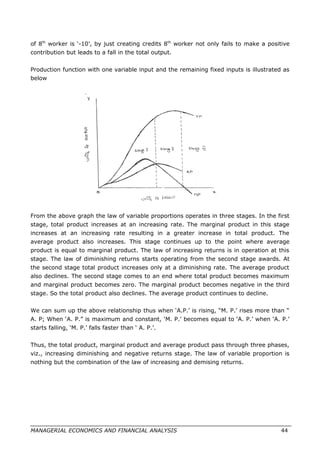 of 8th
worker is ‘-10’, by just creating credits 8th
worker not only fails to make a positive
contribution but leads to a fall in the total output.
Production function with one variable input and the remaining fixed inputs is illustrated as
below
From the above graph the law of variable proportions operates in three stages. In the first
stage, total product increases at an increasing rate. The marginal product in this stage
increases at an increasing rate resulting in a greater increase in total product. The
average product also increases. This stage continues up to the point where average
product is equal to marginal product. The law of increasing returns is in operation at this
stage. The law of diminishing returns starts operating from the second stage awards. At
the second stage total product increases only at a diminishing rate. The average product
also declines. The second stage comes to an end where total product becomes maximum
and marginal product becomes zero. The marginal product becomes negative in the third
stage. So the total product also declines. The average product continues to decline.
We can sum up the above relationship thus when ‘A.P.’ is rising, “M. P.’ rises more than “
A. P; When ‘A. P.” is maximum and constant, ‘M. P.’ becomes equal to ‘A. P.’ when ‘A. P.’
starts falling, ‘M. P.’ falls faster than ‘ A. P.’.
Thus, the total product, marginal product and average product pass through three phases,
viz., increasing diminishing and negative returns stage. The law of variable proportion is
nothing but the combination of the law of increasing and demising returns.
MANAGERIAL ECONOMICS AND FINANCIAL ANALYSIS 44
 