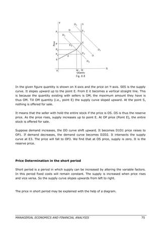 In the given figure quantity is shown on X-axis and the price on Y-axis. SES is the supply
curve. It slopes upward up to the point E. From E it becomes a vertical straight line. This
is because the quantity existing with sellers is OM, the maximum amount they have is
thus OM. Till OM quantity (i.e., point E) the supply curve sloped upward. At the point S,
nothing is offered for sale.
It means that the seller with hold the entire stock if the price is OS. OS is thus the reserve
price. As the price rises, supply increases up to point E. At OP price (Point E), the entire
stock is offered for sale.
Suppose demand increases, the DD curve shift upward. It becomes D1D1 price raises to
OP1. If demand decreases, the demand curve becomes D2D2. It intersects the supply
curve at E3. The price will fall to OP3. We find that at OS price, supply is zero. It is the
reserve price.
Price Determination in the short period
Short period is a period in which supply can be increased by altering the variable factors.
In this period fixed costs will remain constant. The supply is increased when price rises
and vice versa. So the supply curve slopes upwards from left to right.
The price in short period may be explained with the help of a diagram.
MANAGERIAL ECONOMICS AND FINANCIAL ANALYSIS 75
 