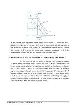 In the diagram, MPS represents market period supply curve. DD is demand curve.
DD cuts LPS, SPS and MPS at point E. At point E the supply is OM and the price is
OP. If demand increases from DD to D1D1 market price increases to OP1. In the
short period it is OP2. In the long period supply increases considerably to OM3. So
price has fallen to OP3, which is less than the price of market period.
2. Determination of Long Period Normal Price in Constant Cost Industry:
In this case average cost does not change even though the output
increases. Hence long period supply curve is horizontal to X-axis. The determination
of long period normal price can be explained with the help of the diagram. In the fig.
6.9, LPS is horizontal to X-axis. MPS represents market period supply curve, and SPS
represents short period supply curve. At point ‘E’ the output is OM and price is OP. If
demand increases from DD to D1D1 market price increases to OP1. In the short
period, supply increases and hence the price will be OP2. In the long run supply is
adjusted fully to meet increased demand. The price remains constant at OP because
costs are constant at OP and market is perfect market.
MANAGERIAL ECONOMICS AND FINANCIAL ANALYSIS 78
 